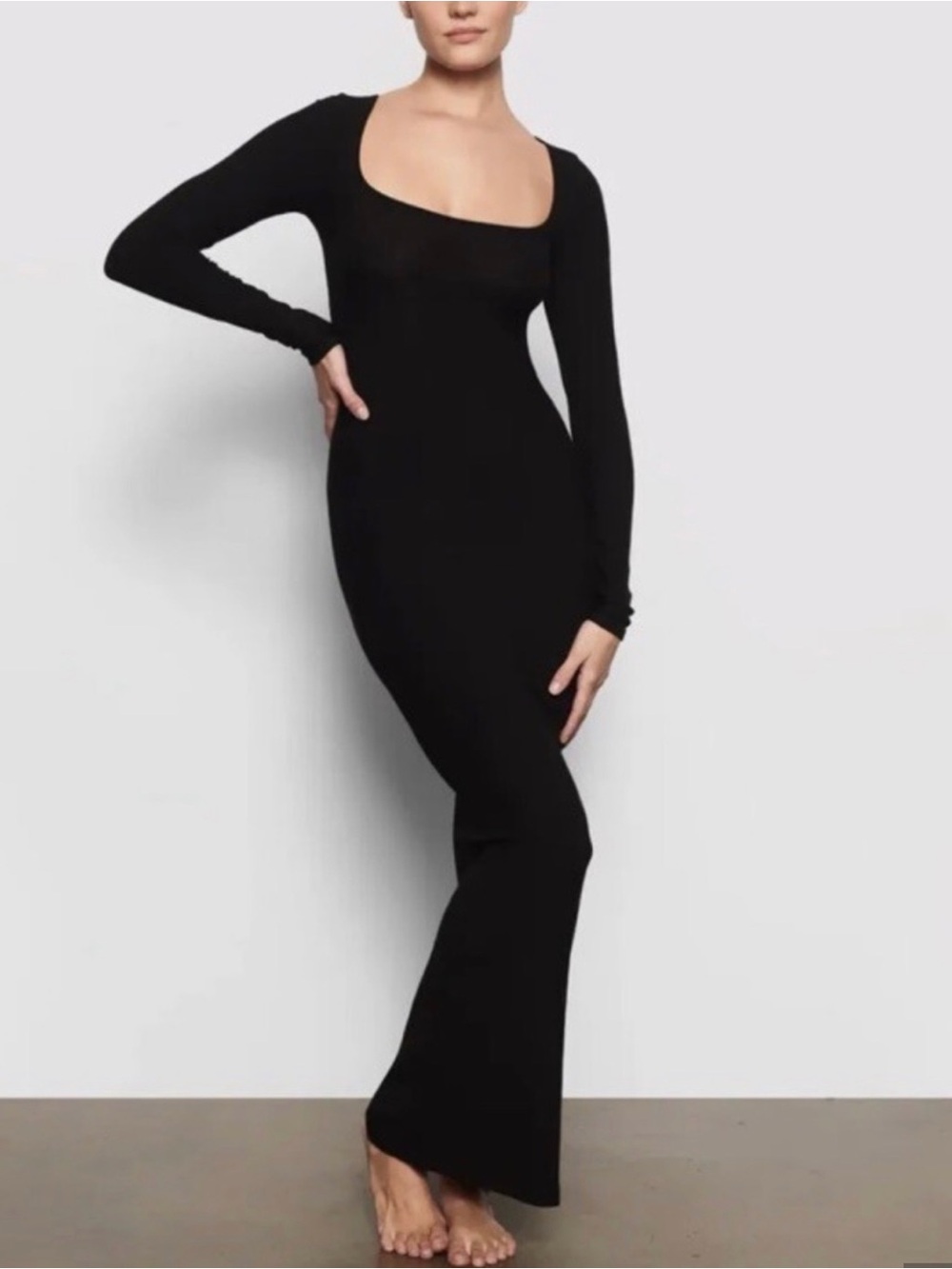 SKIMS Black Long-Sleeve Maxi Scoop Neck Dress